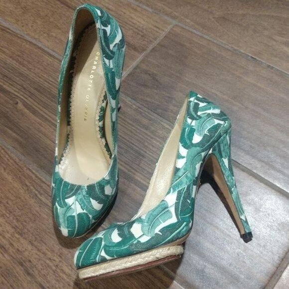 Charlotte Olympia Shoes - Charlotte Olympia 39 tropical green leaves heels fabric espadrille